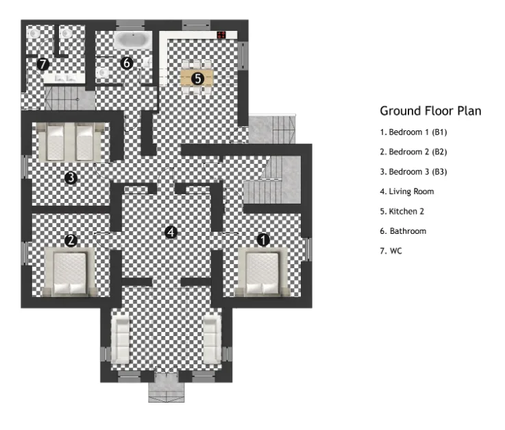 Ground floor plan — 3 bedrooms, living room, kitchen, bathroom, WC
