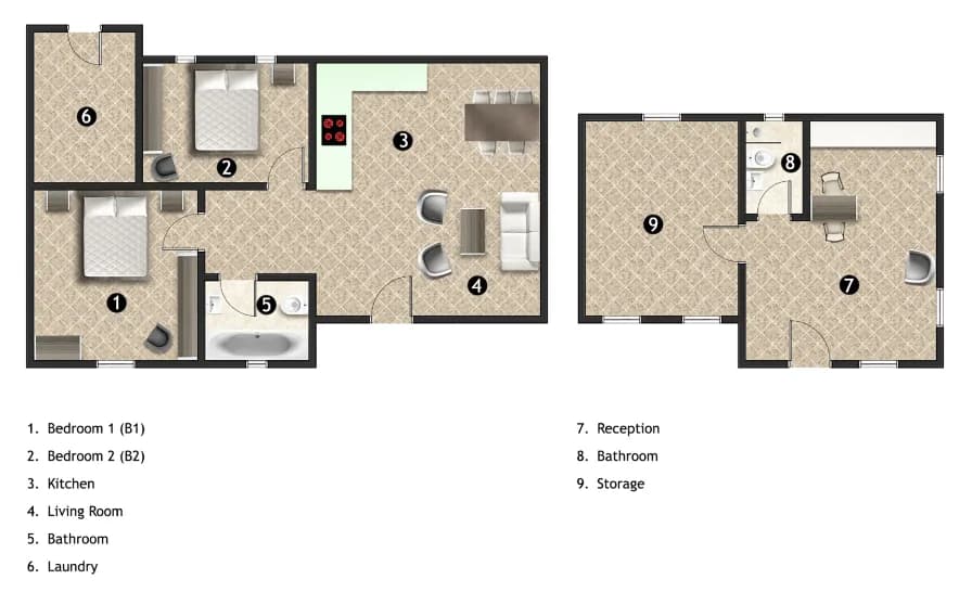 Guesthouse floor plan — 2 bedrooms, kitchen, living room, bathroom, reception